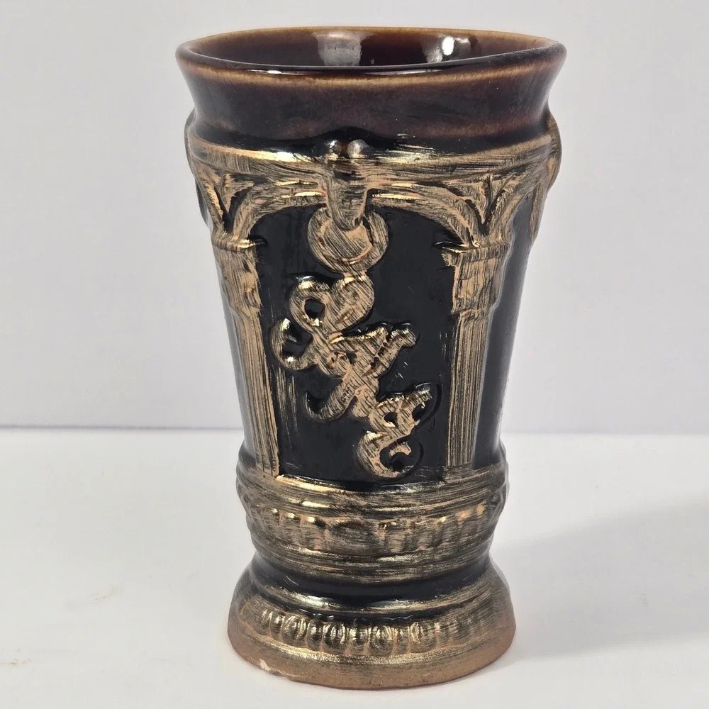 Vintage Brown Gold Ceramic Toothpick Holder Bud Vase Relief Column Crest 3.25in